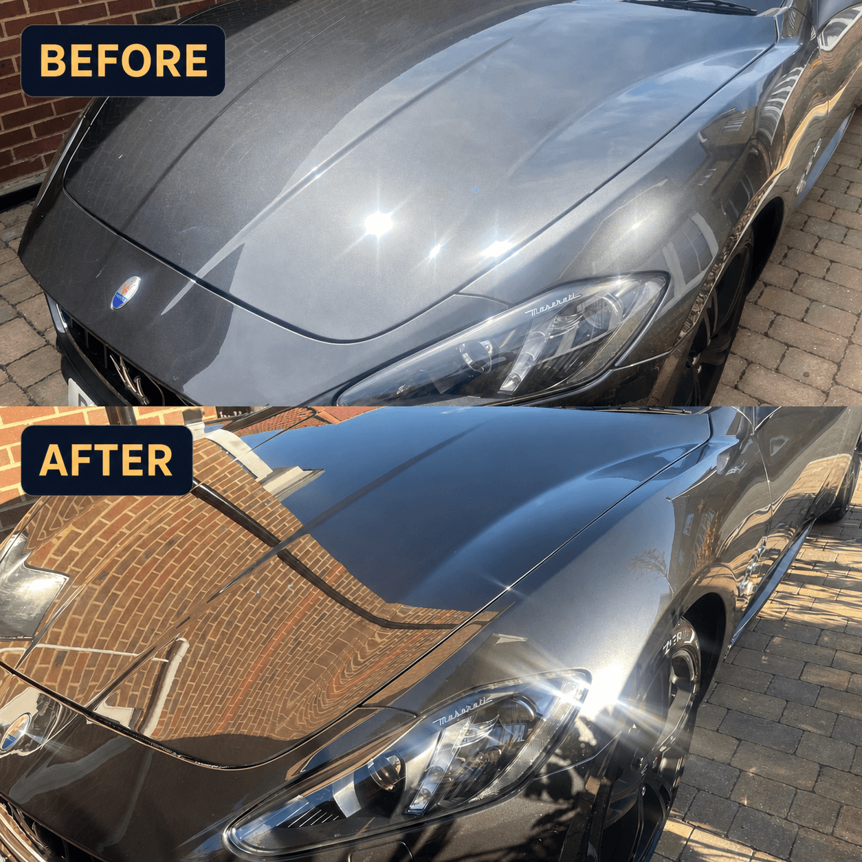 Maserati bonnet before and after Gtechniq ceramic paint protection